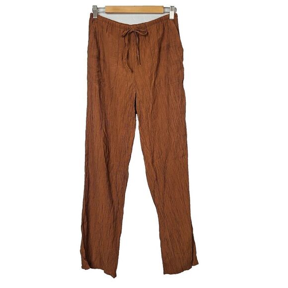 Zara Pants S Brown Crinkle Pull-On Straight Leg‎ Lightweight High-Rise Bottoms - Picture 1 of 9